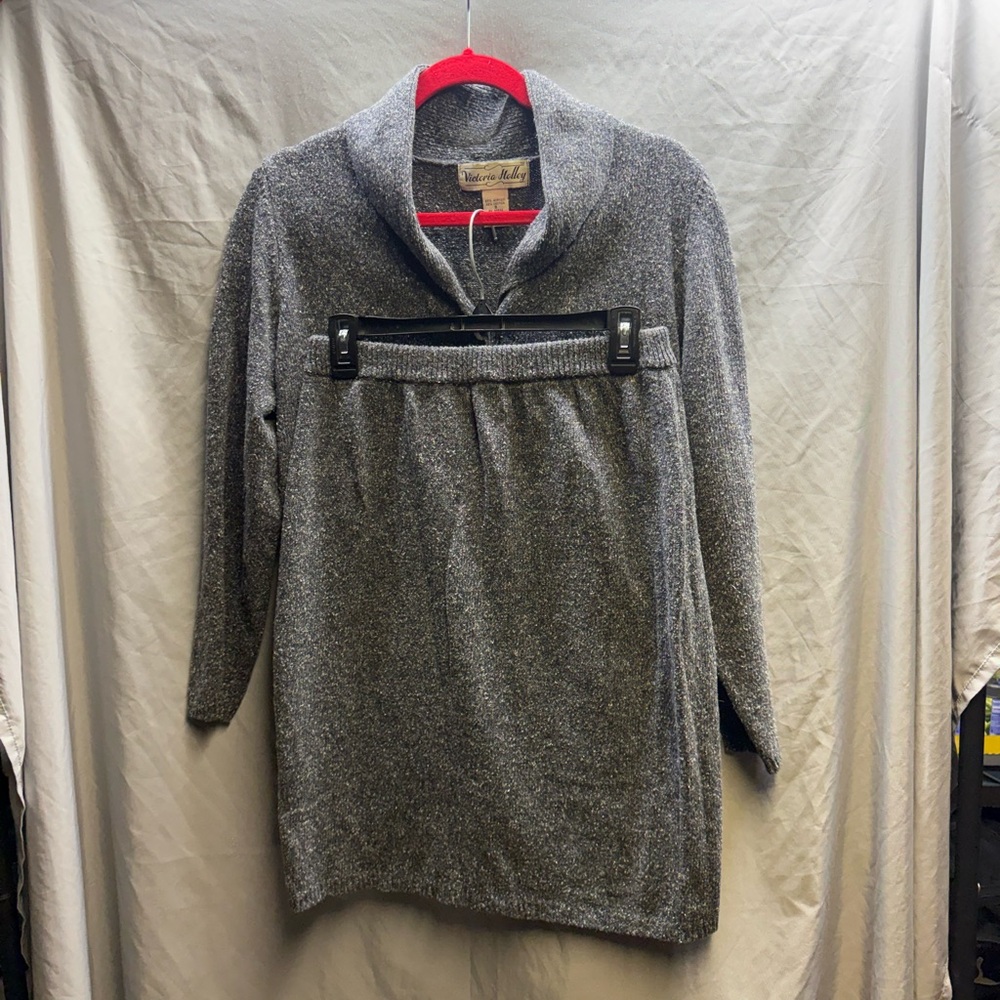 Vintage 80’s 2 piece knit skirt suit shawl collar jacket grey size s